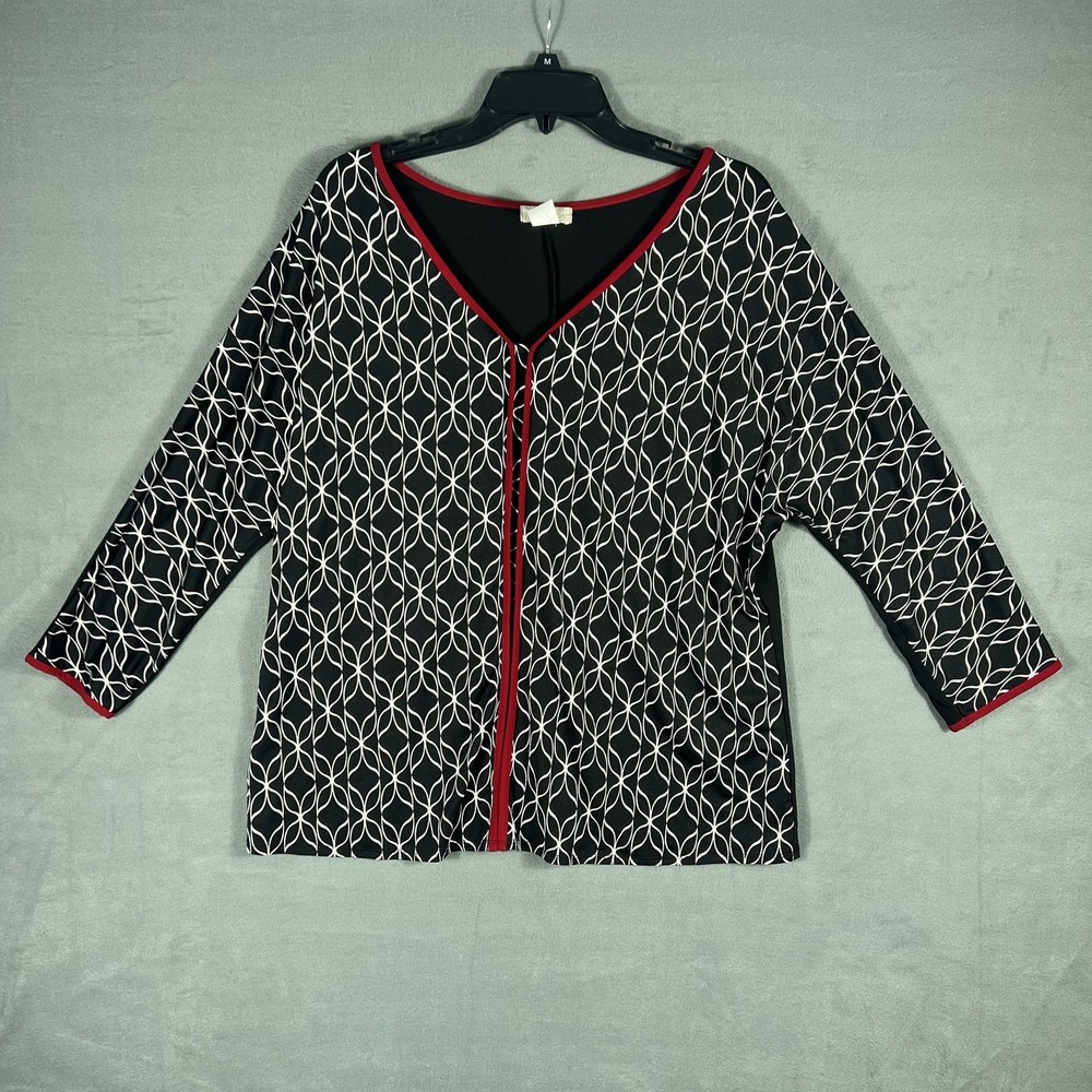 Ivy Ridge Women's XL Black White Geometric 3/4 Sleeve V-Neck Top Blouse Red Trim